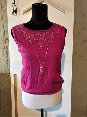 Oscar de la Renta Fuchsia Embellished Sleeveless Knit Tank